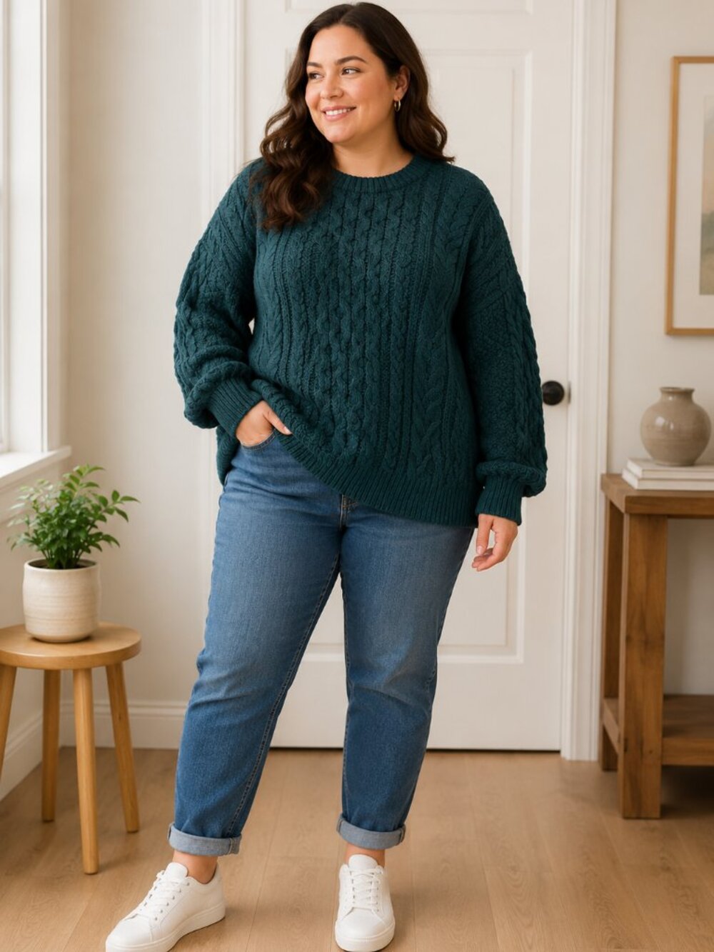 Vintage Avoca Collection Green Chunky Cable Knit Pullon Crewneck Sweater 2XL